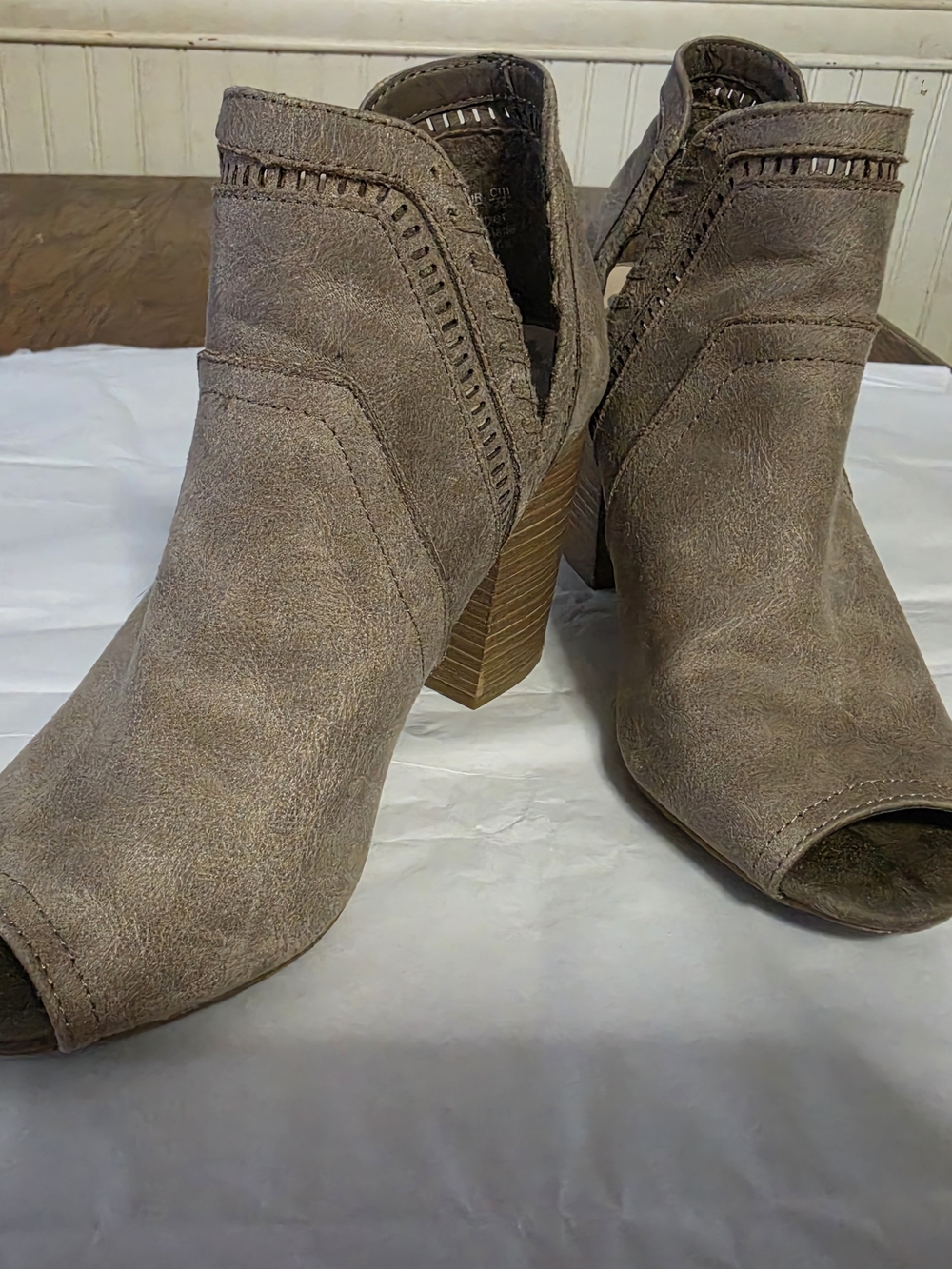 Taupe Open-Toe Stacked Heel Ankle Booties